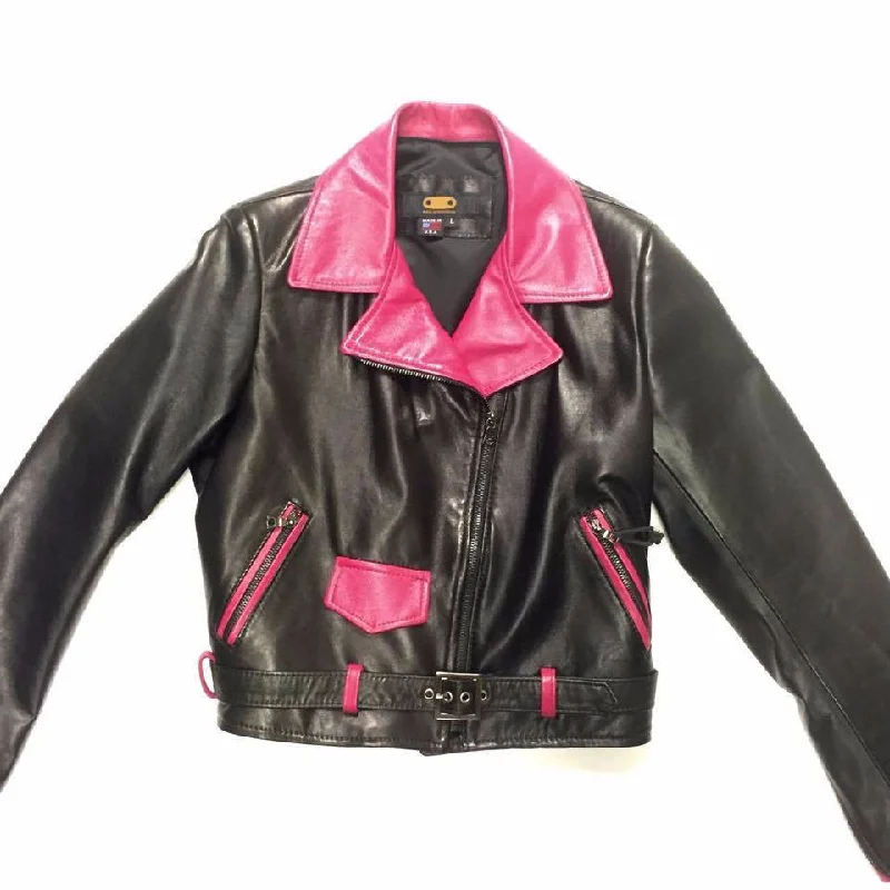 G-Gator Ladies Black & Pink Fox Collar Lambskin Biker Jacket