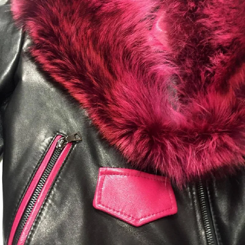 G-Gator Ladies Black & Pink Fox Collar Lambskin Biker Jacket