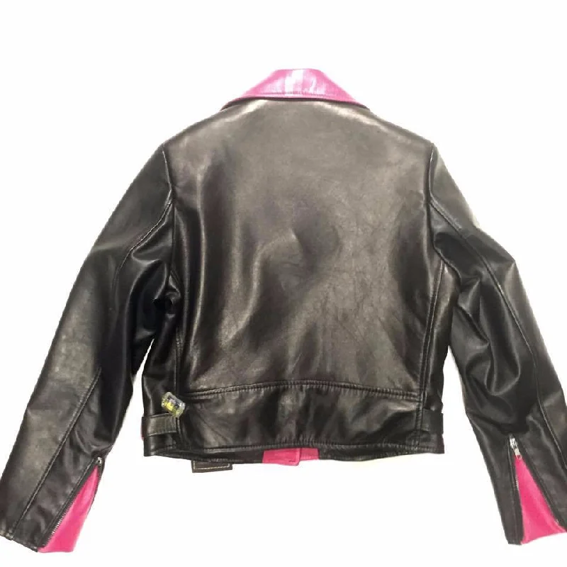 G-Gator Ladies Black & Pink Fox Collar Lambskin Biker Jacket