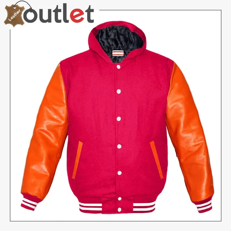 Genuine Orange Leather Varsity Jacket For Women