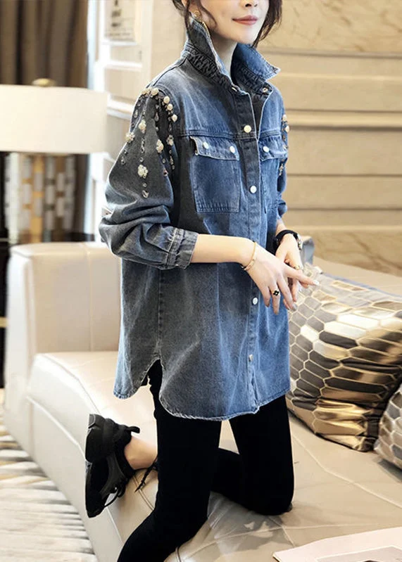 Handmade Blue Square Collar Pearl Patchwork Denim Coats Long Sleeve