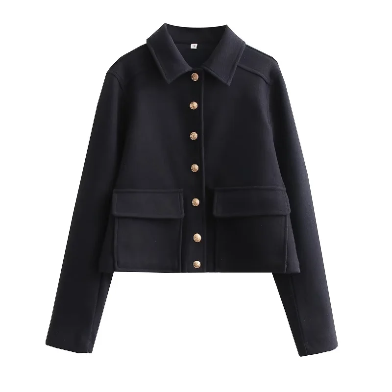 Hdimm TRAF  2023 Fashion Women Jackets Chic Turn-down Collar Jacket Coat with Metal Buttons Female Vintage Casual Coat Outerwear