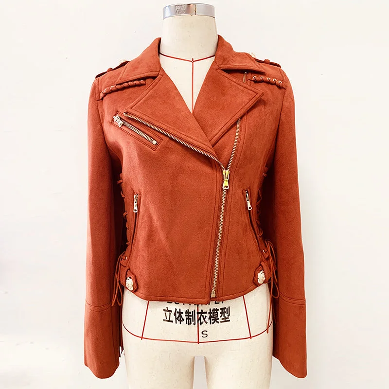 High quality fashion solid color women's riding jacket flow women suede jacket motorcycle jacket