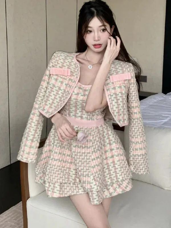 Getadme High Quality Small Fragrance Tweed Two Piece Set Women Short Jacket Coat + Sexy Dress Set Korean Fashion Sweet 2 Piece Suits