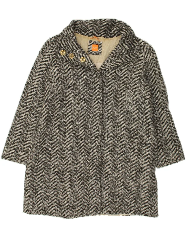 HUGO BOSS Womens Overcoat UK 16 Large Grey Chevron Polyester