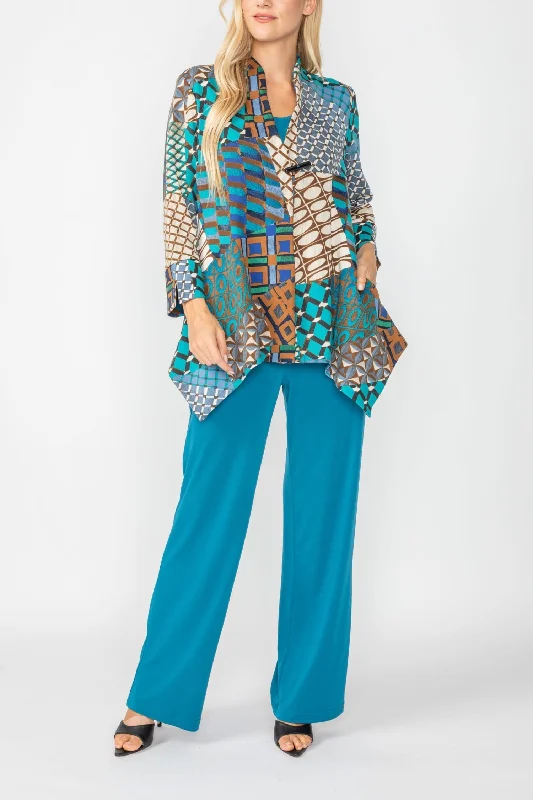 IC Collection Mosaic Patchwork Asymmetric Jacket in Teal - 5065J-TL