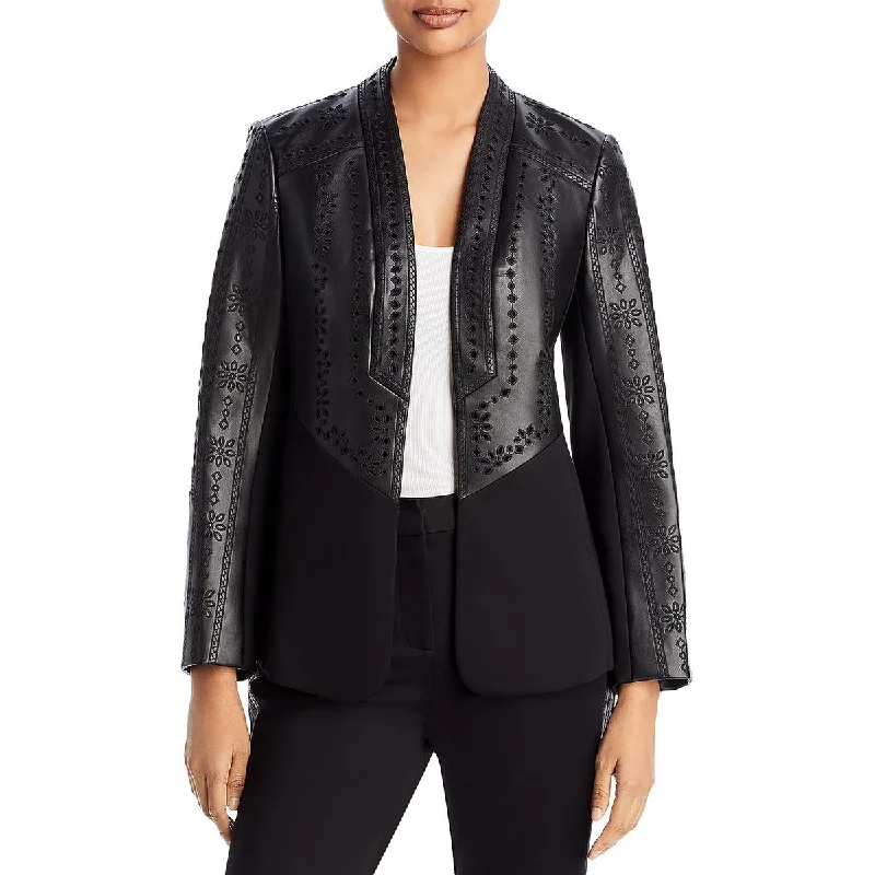 Kobi Halperin Womens Wanda Faux Leather Embroidered Open-Front Blazer