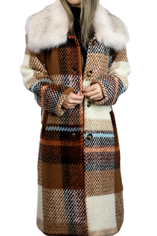 La Fiorentina Long Plaid Wool Coat w/ Faux Fur Trim - Brown/Ivory