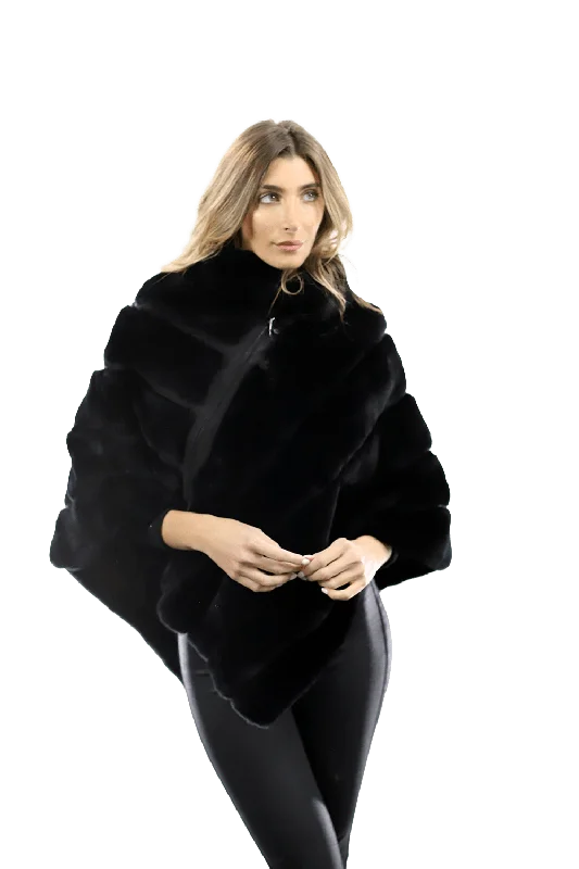 La Fiorentina -  Rex Rabbit Poncho with Zipper - Black