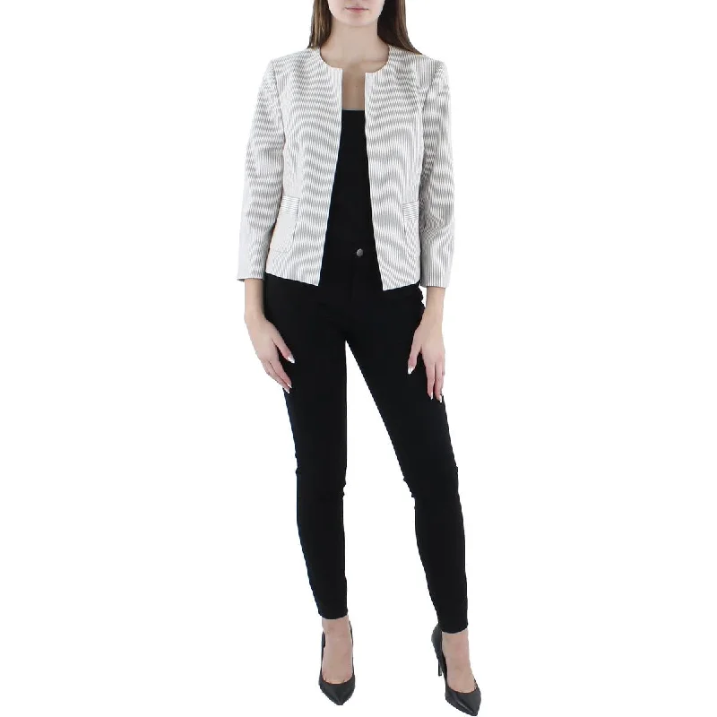 Le Suit Womens Woven Striped Collarless Blazer