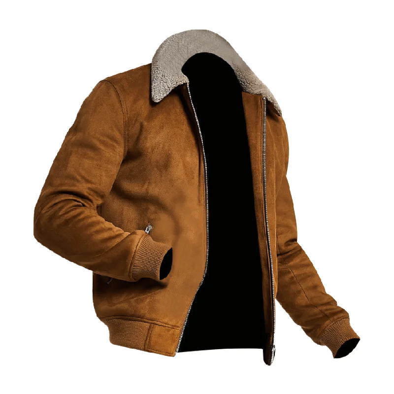 Men's Brown Faux Suede Borg Collar Jacket