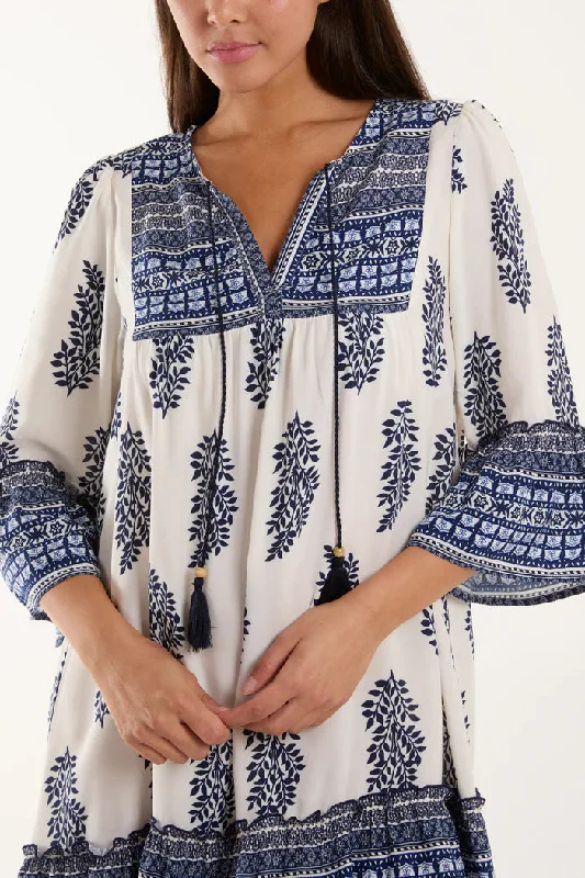 MIX PRINT BARDOT TASSEL SMOCK DRESS