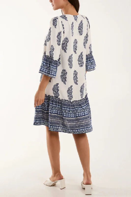 MIX PRINT BARDOT TASSEL SMOCK DRESS