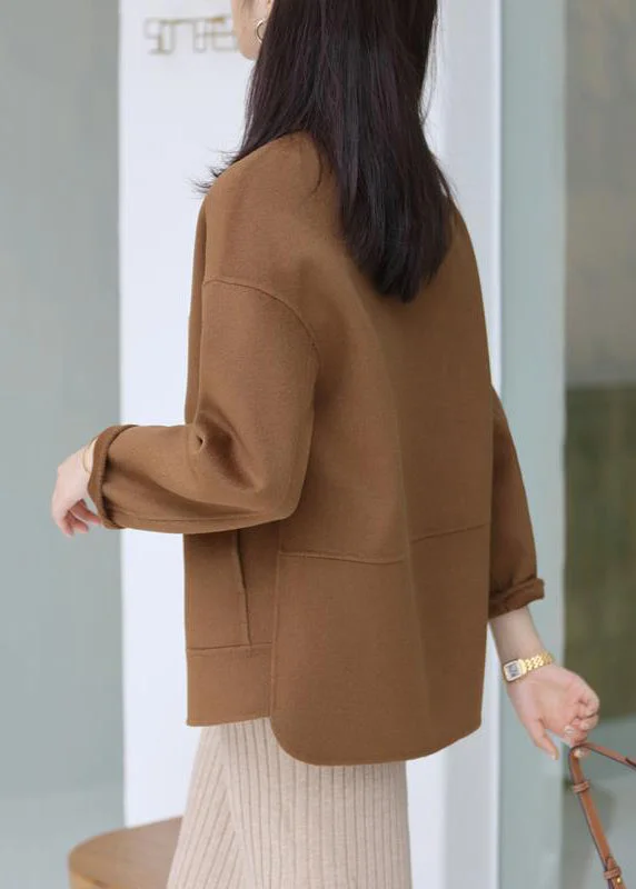 Modern Coffee Peter Pan Collar Patchwork Button Down Woolen Coat Fall