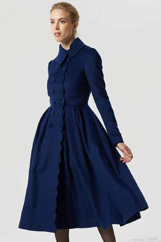 vintage inspired navy blue long wool coat  1971