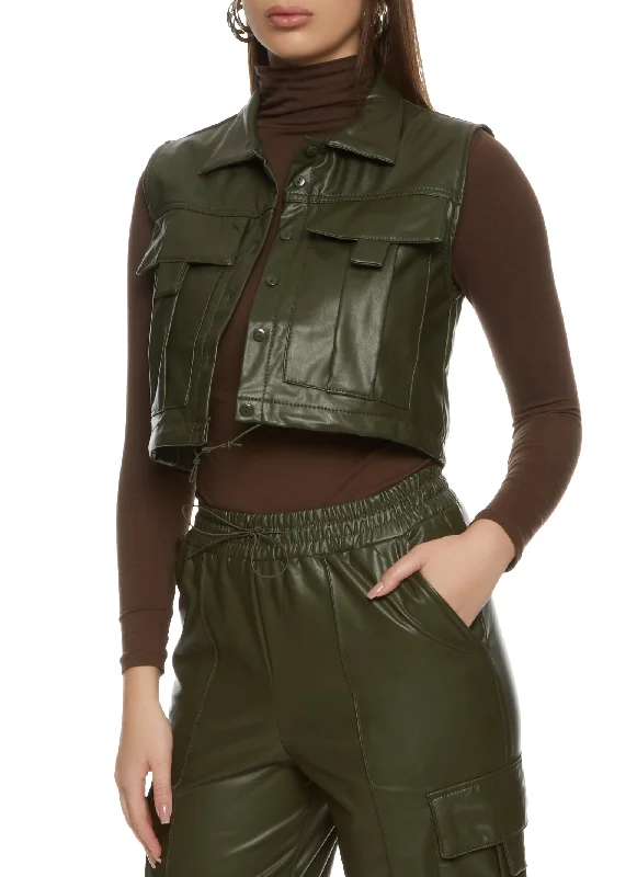 Faux Leather Button Front Cargo Cropped Vest