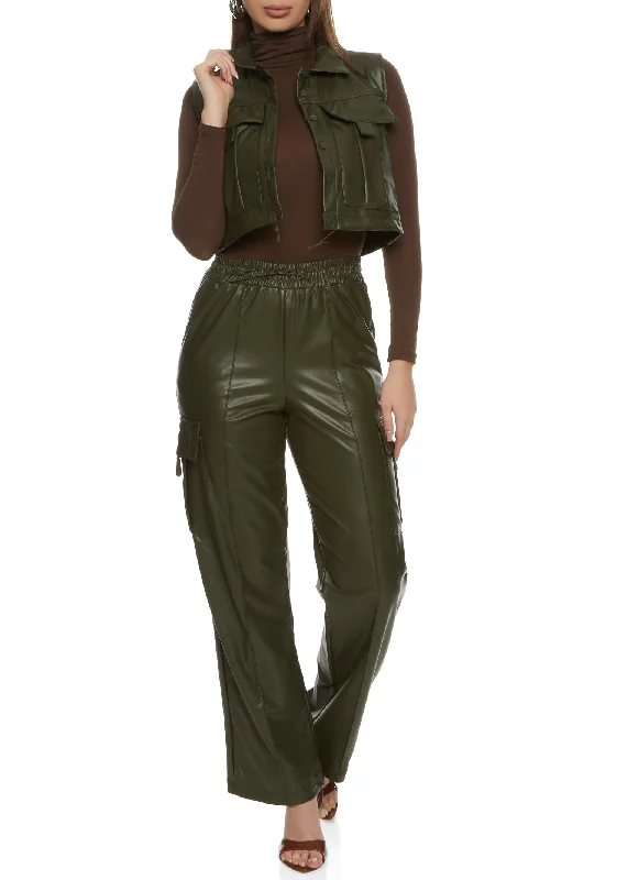 Faux Leather Button Front Cargo Cropped Vest