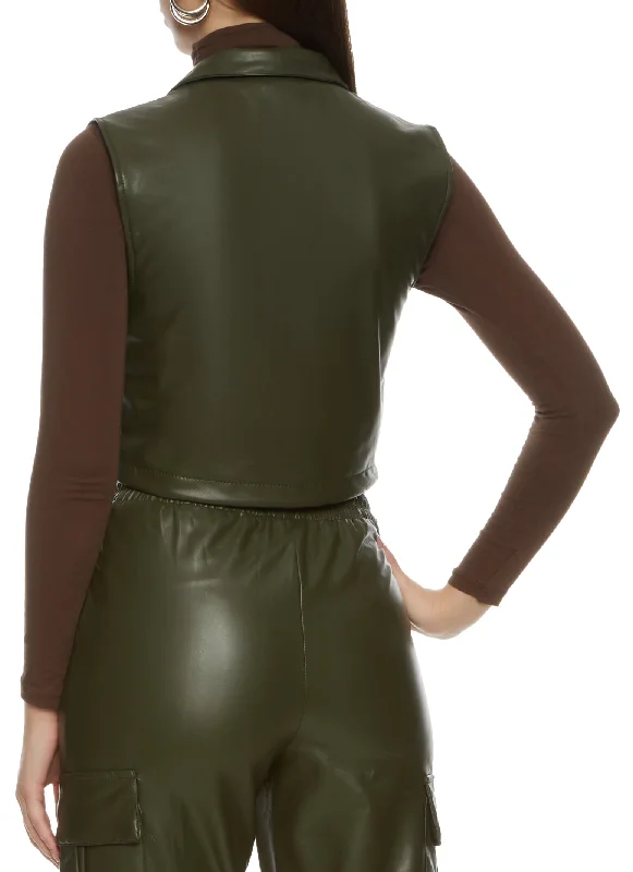 Faux Leather Button Front Cargo Cropped Vest