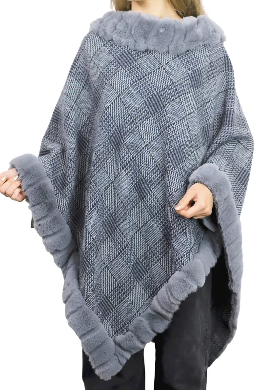 Plaid Poncho with Plush Faux Trim Detail - Grey