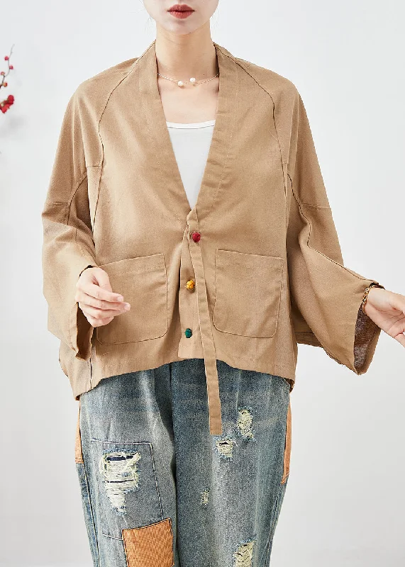 Plus Size Khaki Oversized Pockets Linen Jackets Batwing Sleeve