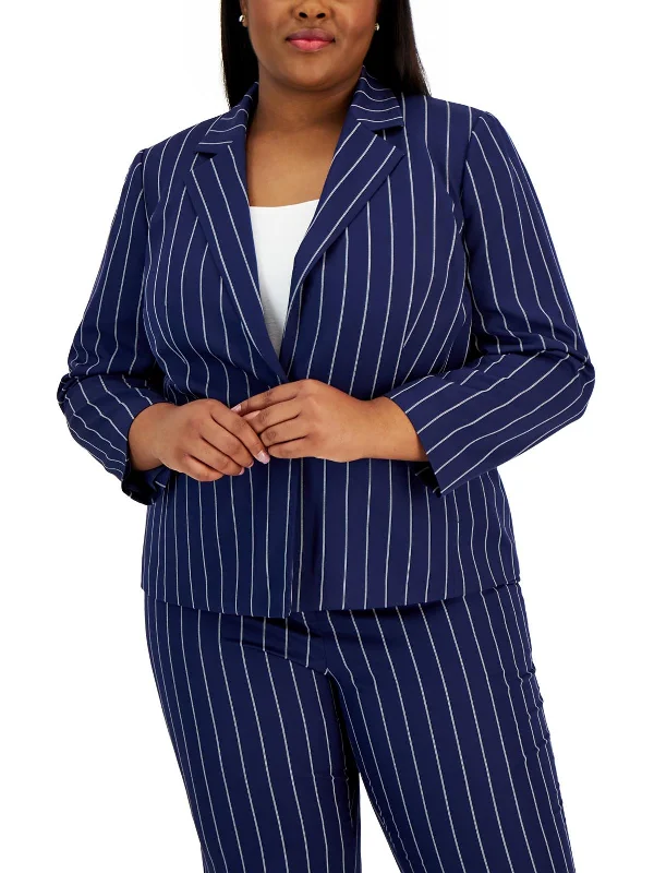 Plus Womens Pinstripe Collared One-Button Blazer