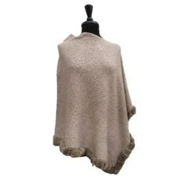 Poncho with Embellishments and Fur Trim - Oatmeal