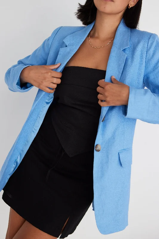 Believe French Blue Linen Single Breasted Longline Blazer