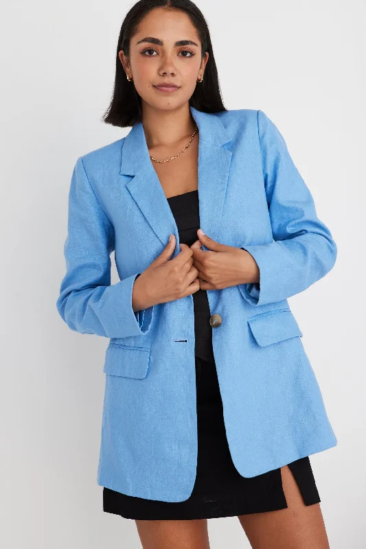 Believe French Blue Linen Single Breasted Longline Blazer