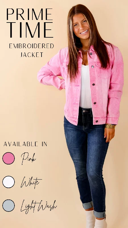 Prime Time Floral Embroidered Denim Jacket With Pockets in Pink