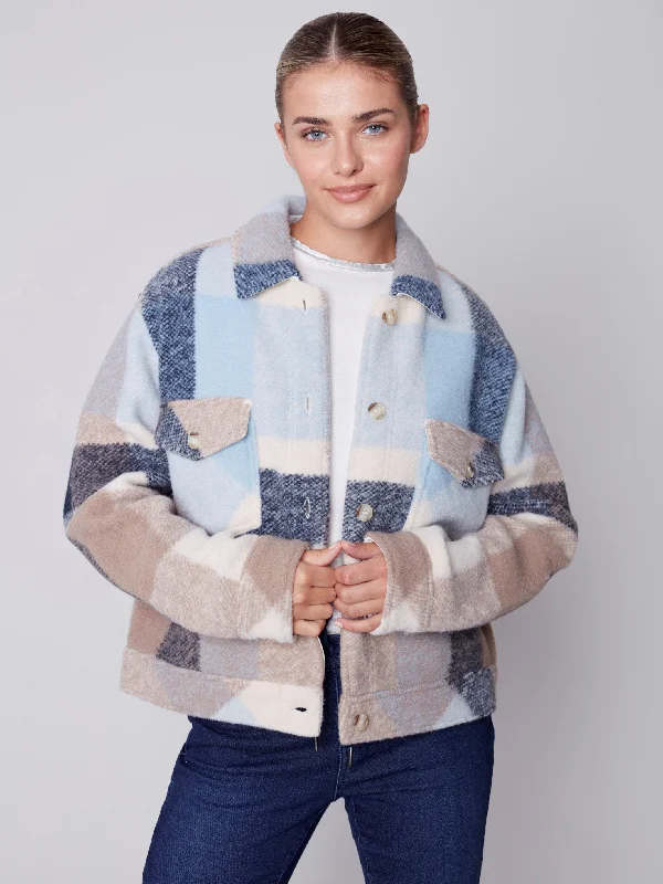 Short Plaid Boiled Wool Jacket - Snowflake