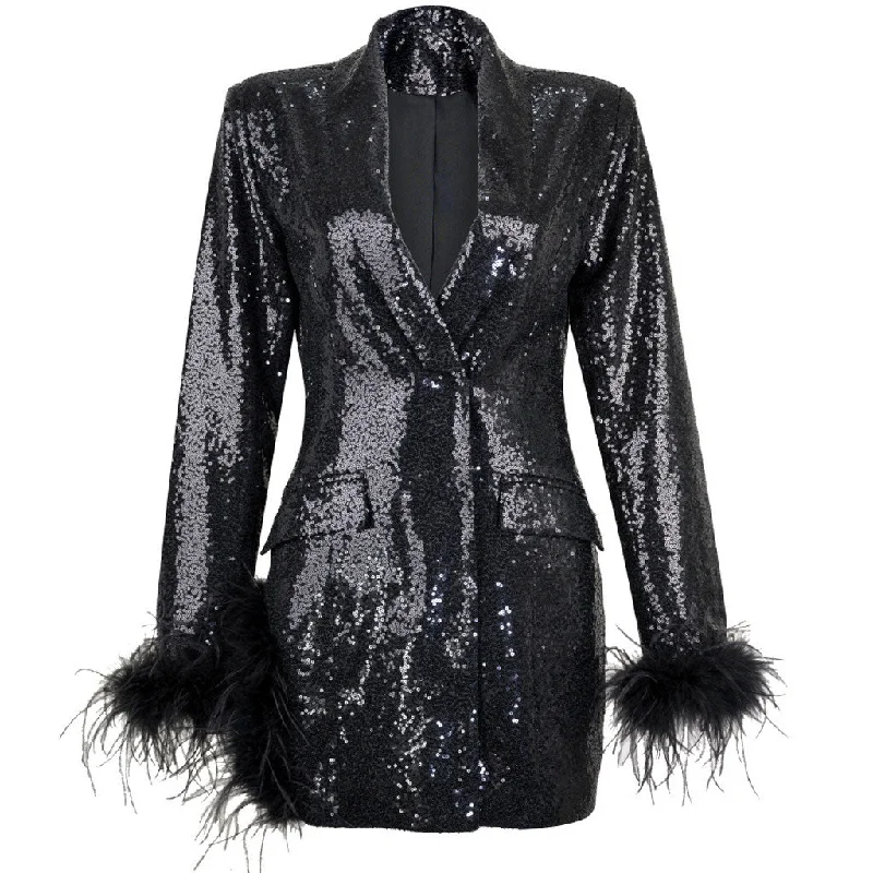 Sparkly Sequin Peak Lapel V Neck Long Sleeve Split Feather Trim Long Blazer