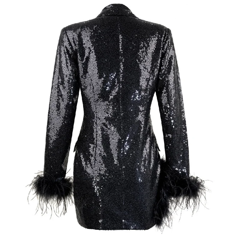 Sparkly Sequin Peak Lapel V Neck Long Sleeve Split Feather Trim Long Blazer