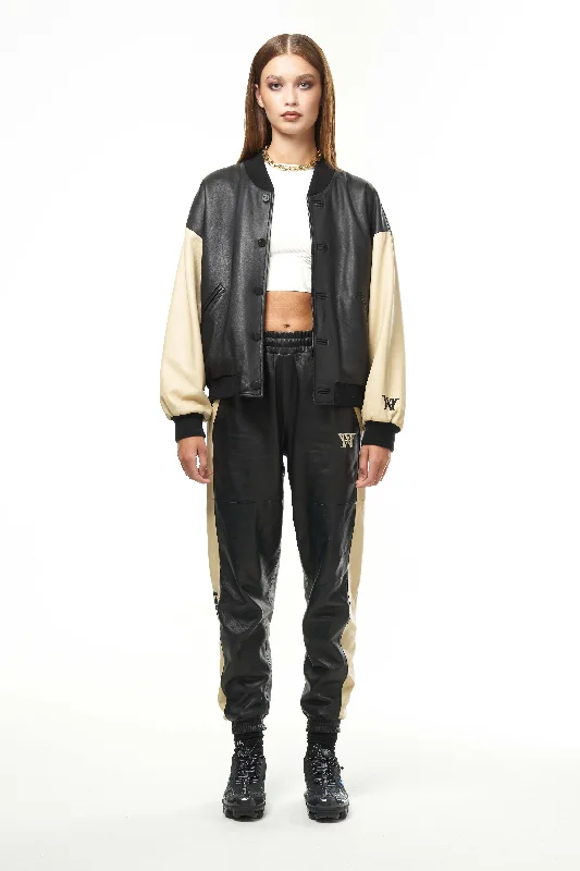 THE SQUAD LEATHER BOMBER IN BLACK AND CREAM