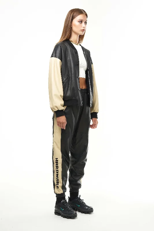 THE SQUAD LEATHER BOMBER IN BLACK AND CREAM