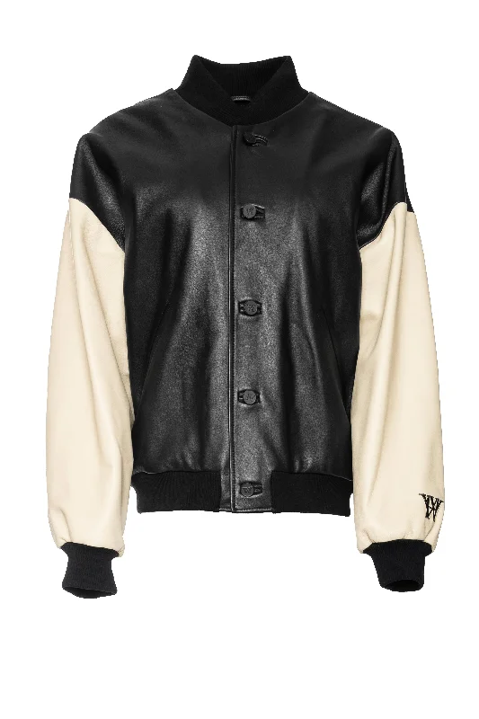 THE SQUAD LEATHER BOMBER IN BLACK AND CREAM