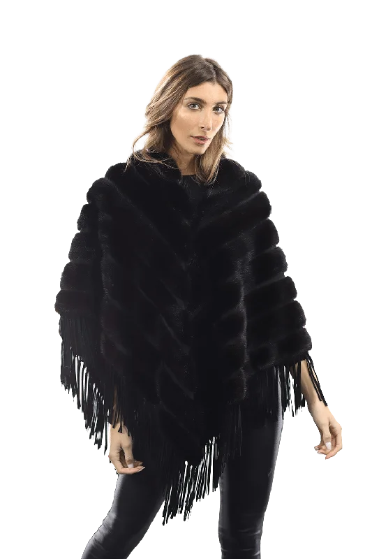 Tonal Ribbed Mink Poncho with Leather Fringes - Black