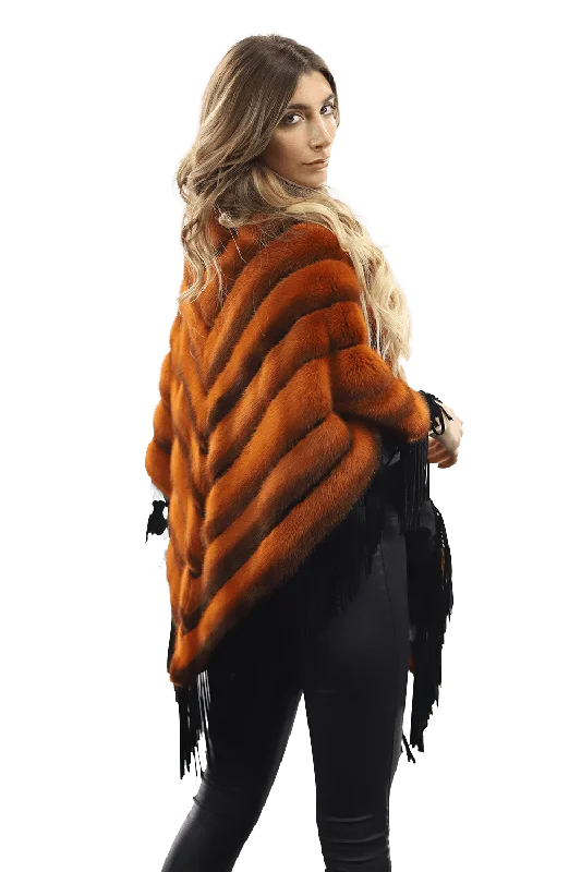 Tonal Ribbed Mink Poncho with Leather Fringes - Orange