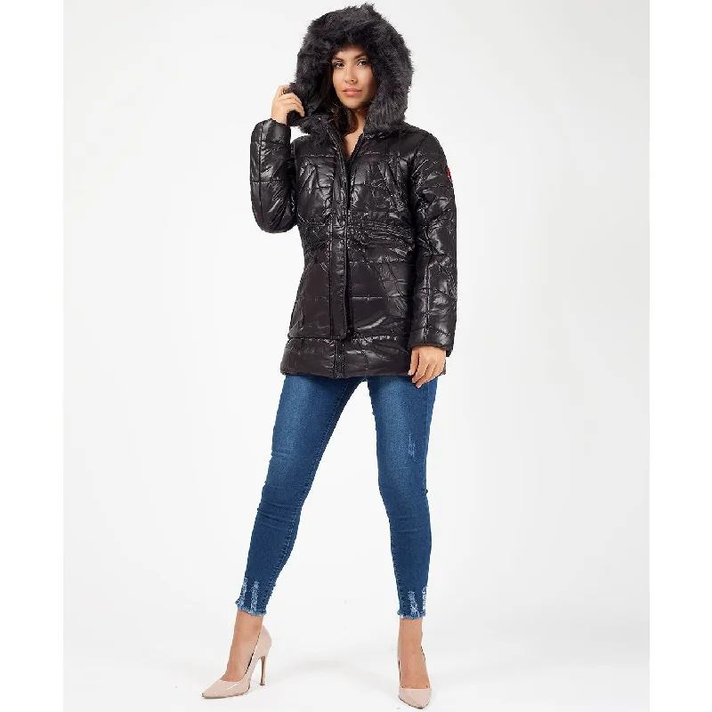 Faux Fur Hood Badge Sleeve Quilted Jacket