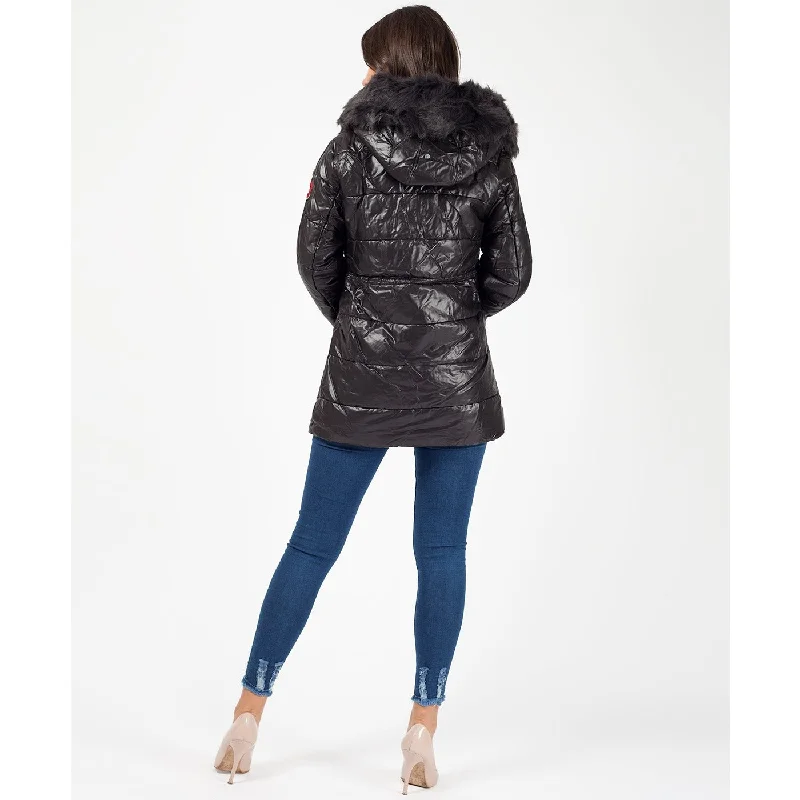 Faux Fur Hood Badge Sleeve Quilted Jacket