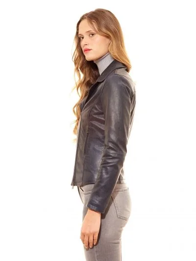 Women Black Biker Fashion Faux Leather Jacket