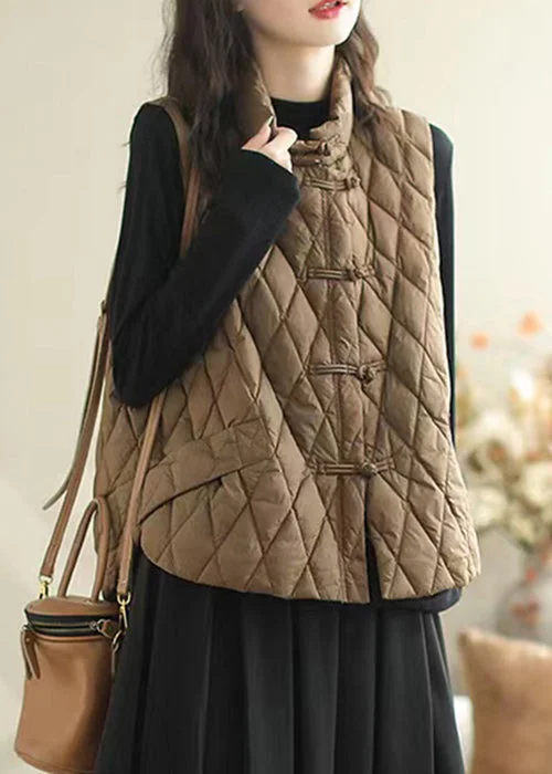 Women Coffee Button Pockets Patchwork Cotton Filled Waistcoat Sleeveless