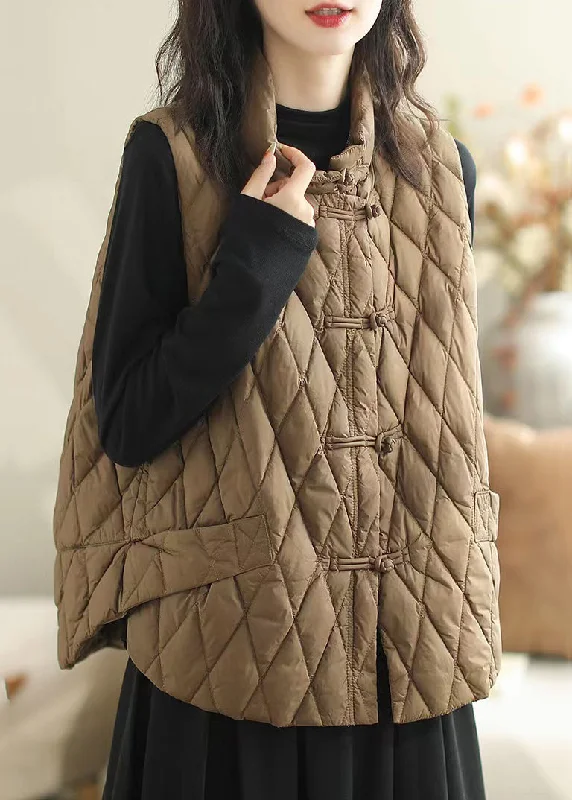 Women Coffee Button Pockets Patchwork Cotton Filled Waistcoat Sleeveless