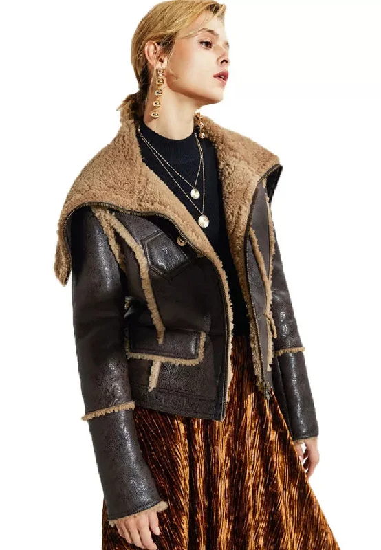 Women’s Dark Brown Leather Shearling Long Collar Jacket