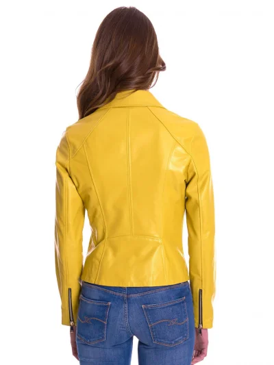 Women Yellow Zipper Biker Leather Jacket