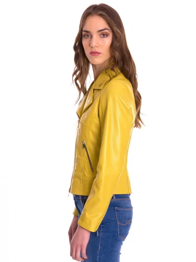 Women Yellow Zipper Biker Leather Jacket