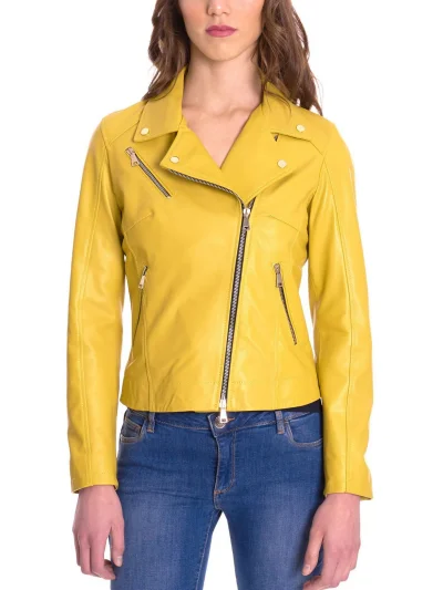 Women Yellow Zipper Biker Leather Jacket