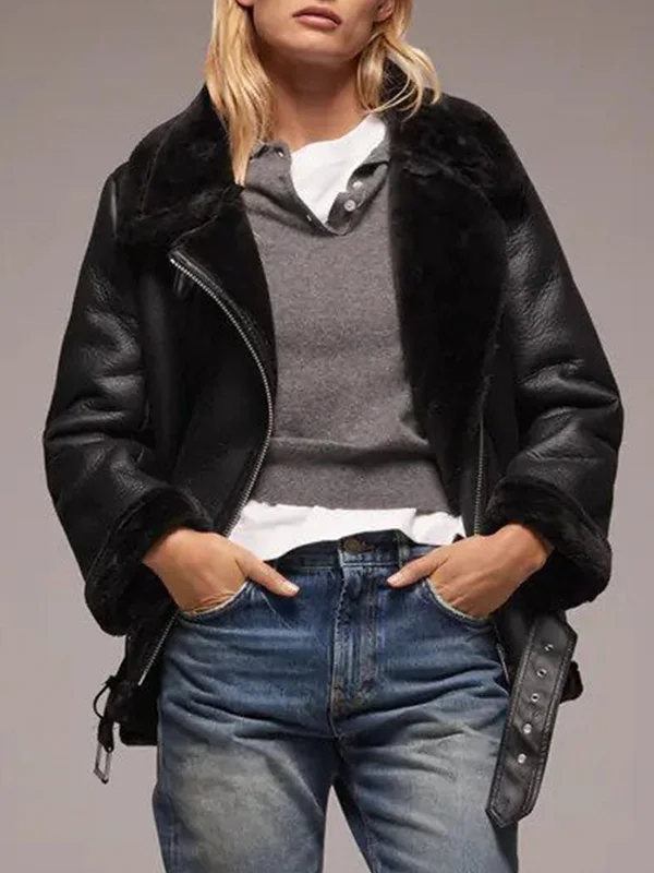 Womens Black Shearling Fur Collar Leather Jacket