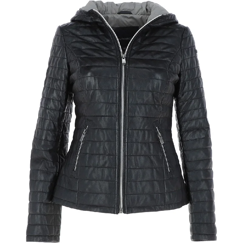 Women's Black Quilted Hooded Real Leather Jacket