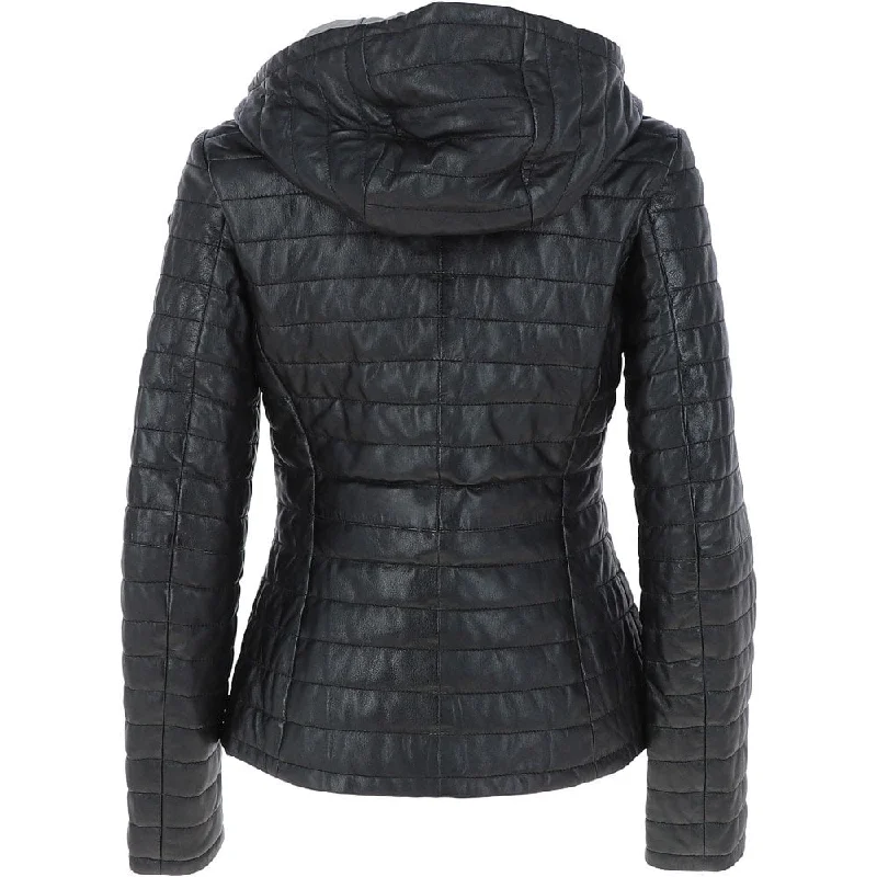 Women's Black Quilted Hooded Real Leather Jacket