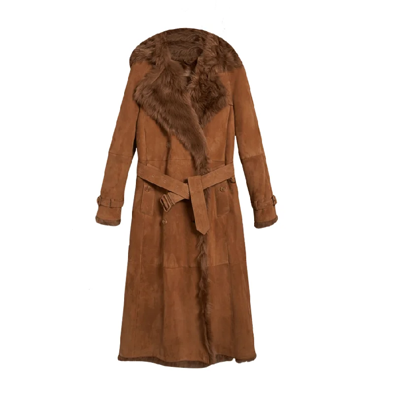 Women's Brown Suede Leather Shearling Coat